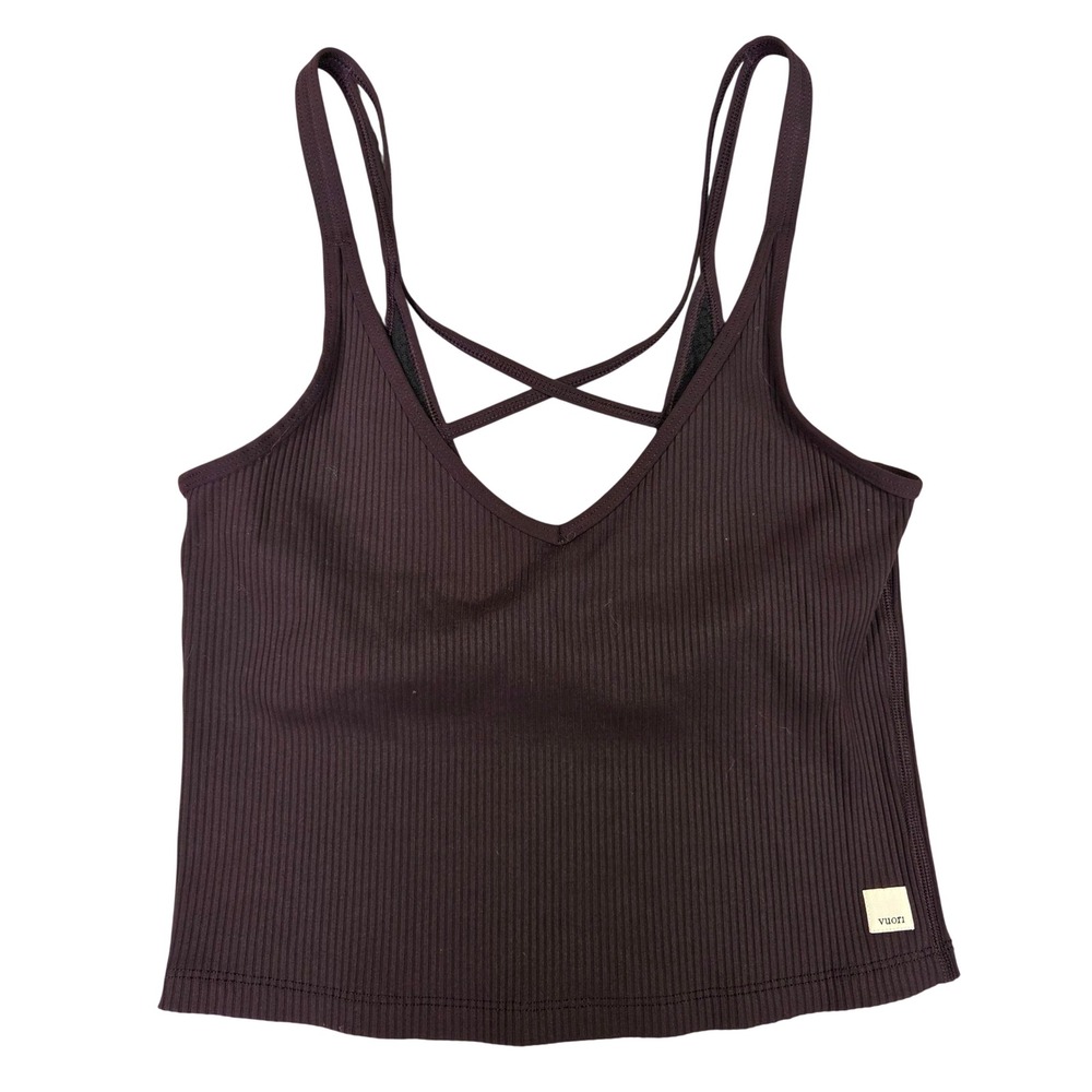 Vuori Mindset Bra Tank Ribbed V-Neck Small Strappy Back Dark Plum Activewear Top